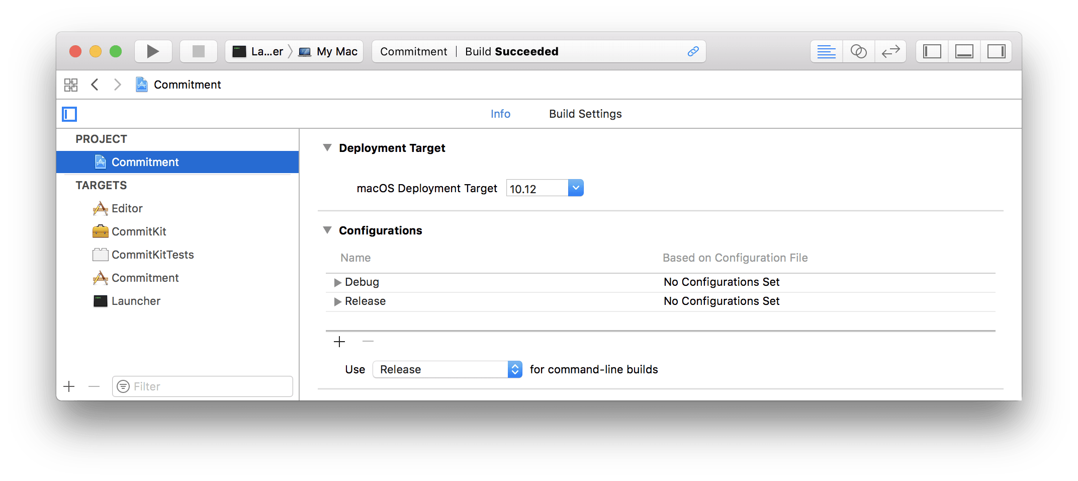 Commitment Xcode project, showing 3 targets