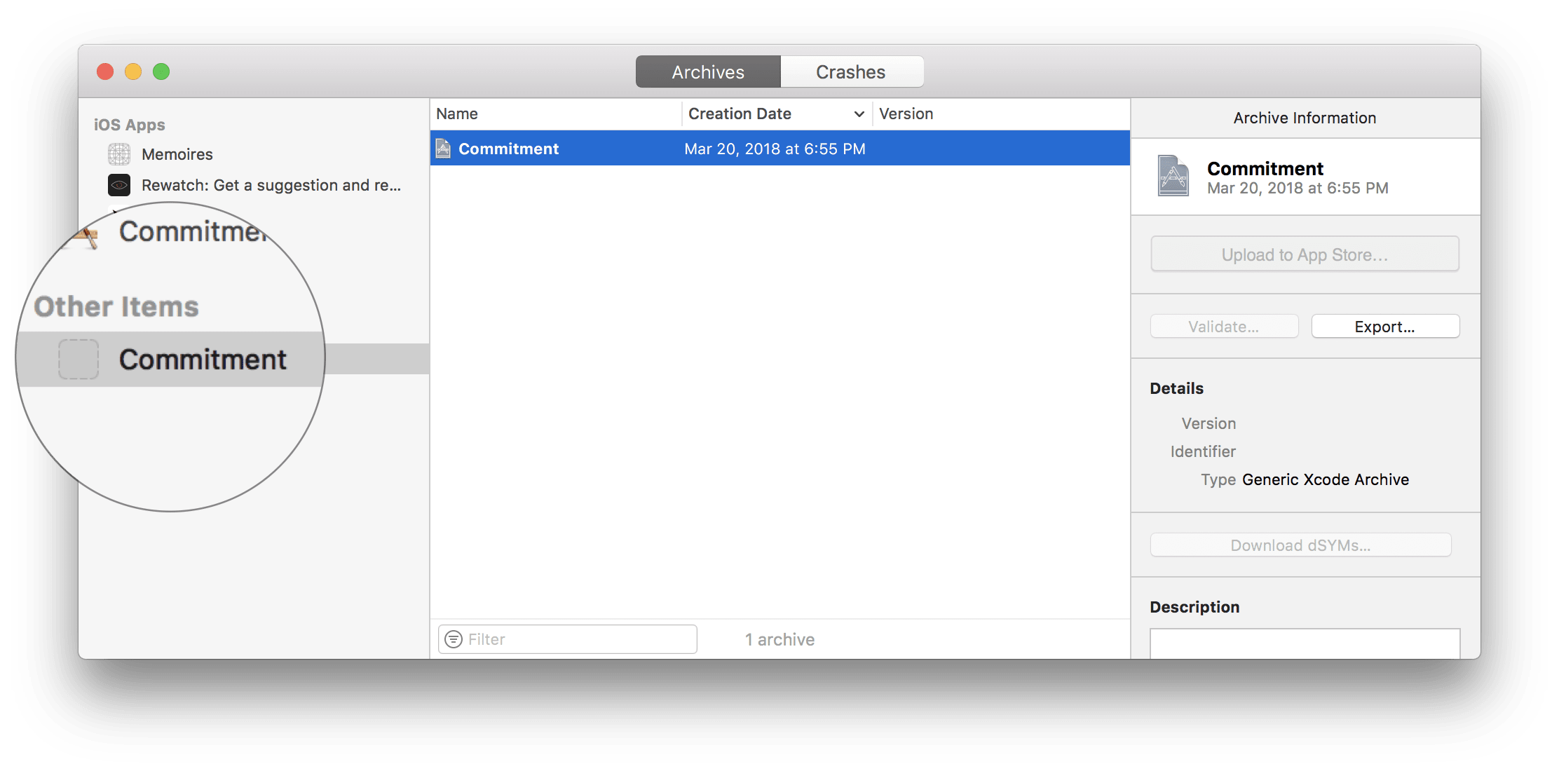 Xcode archives panel, showing Commitment in the wrong category