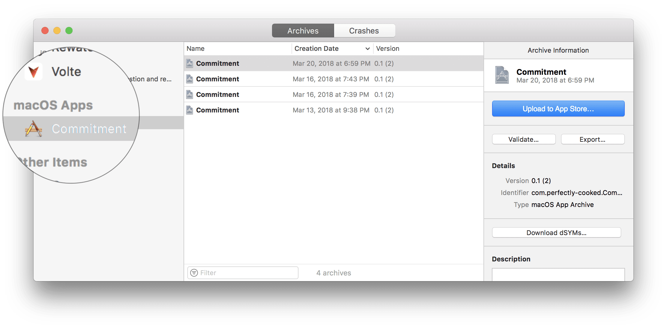 Xcode archive panel, showing Commitment in the right section