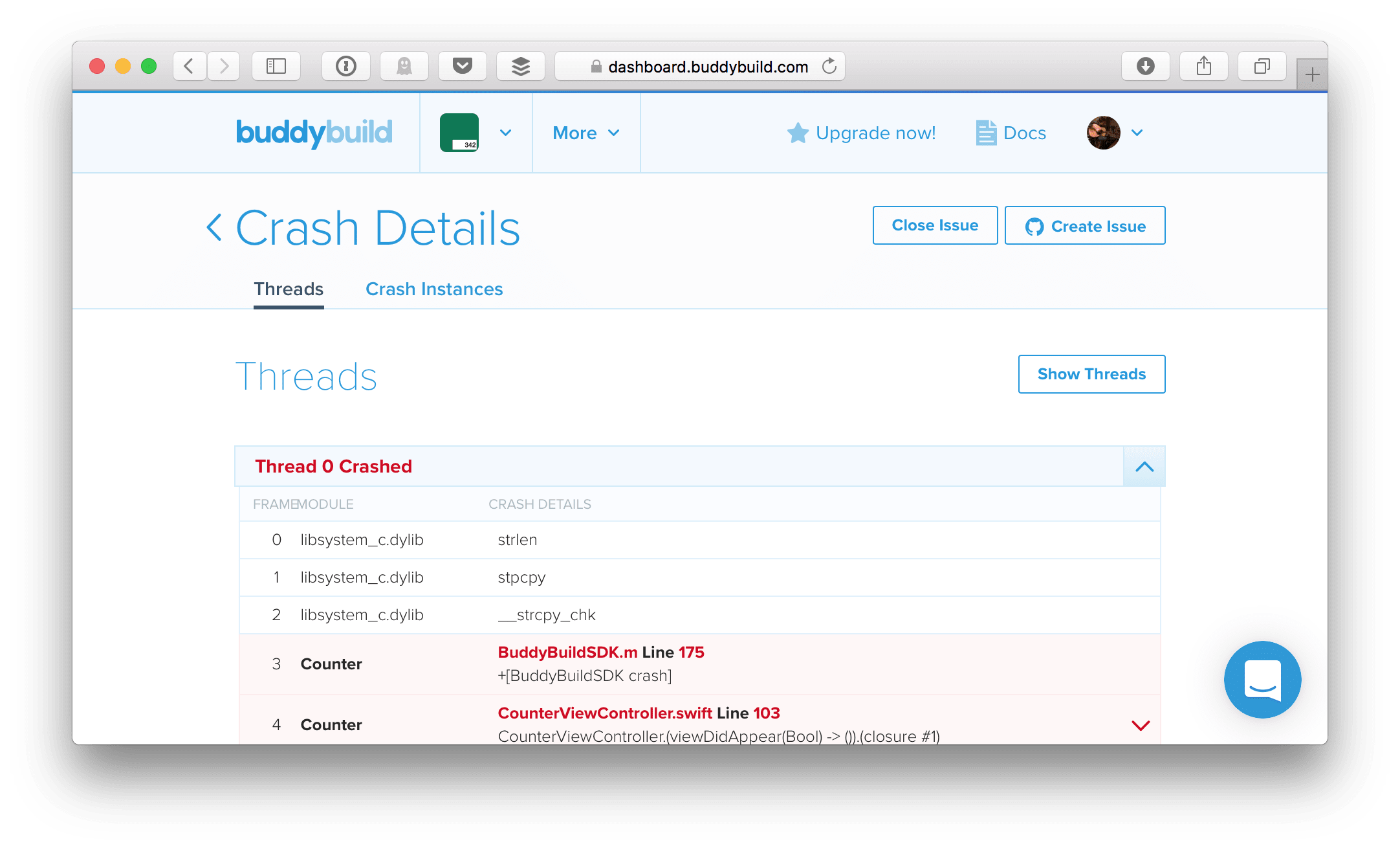 Crash reporting in Buddybuild 