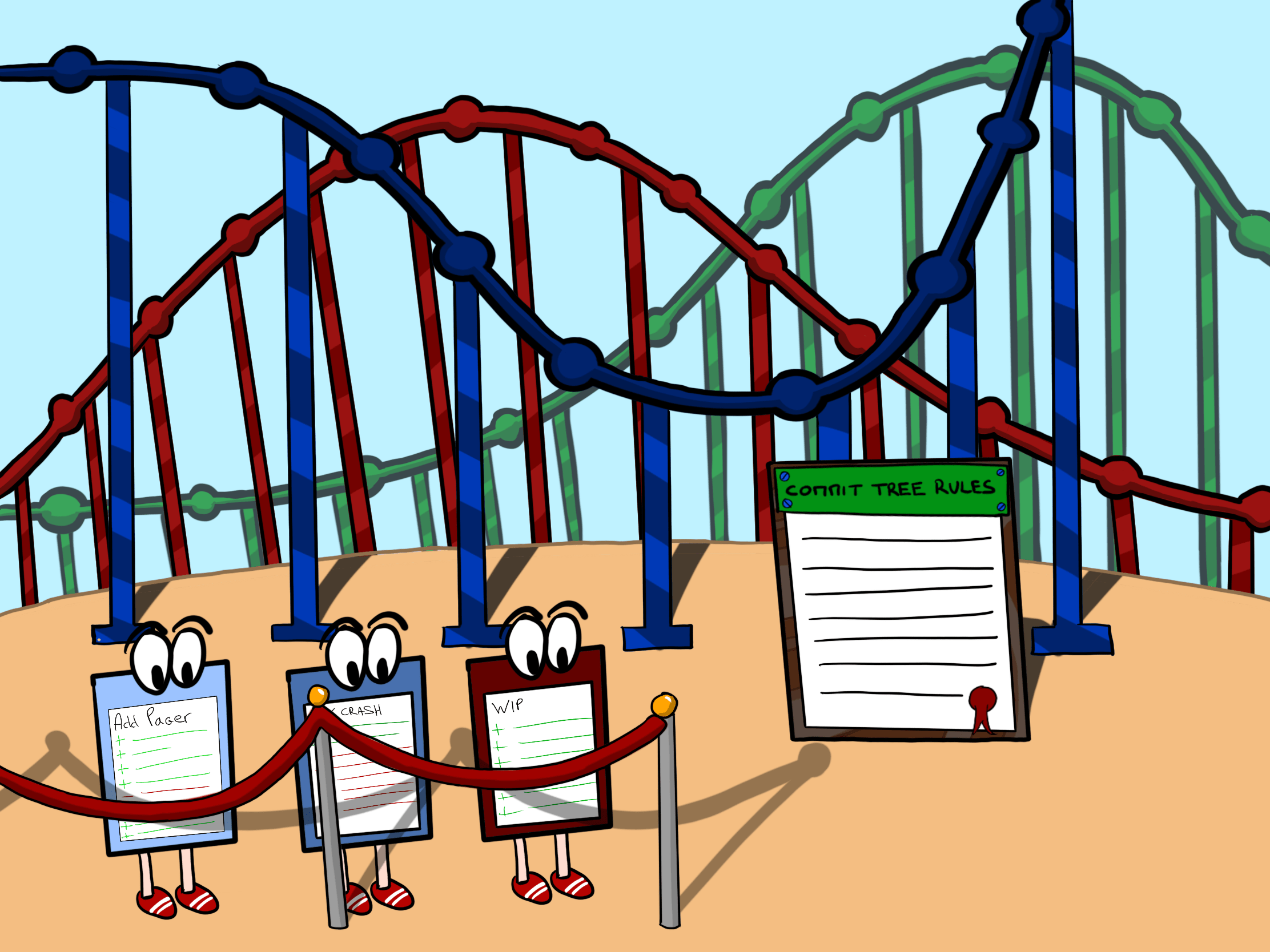 Git commits characters waiting in line to ride a roller coaster
