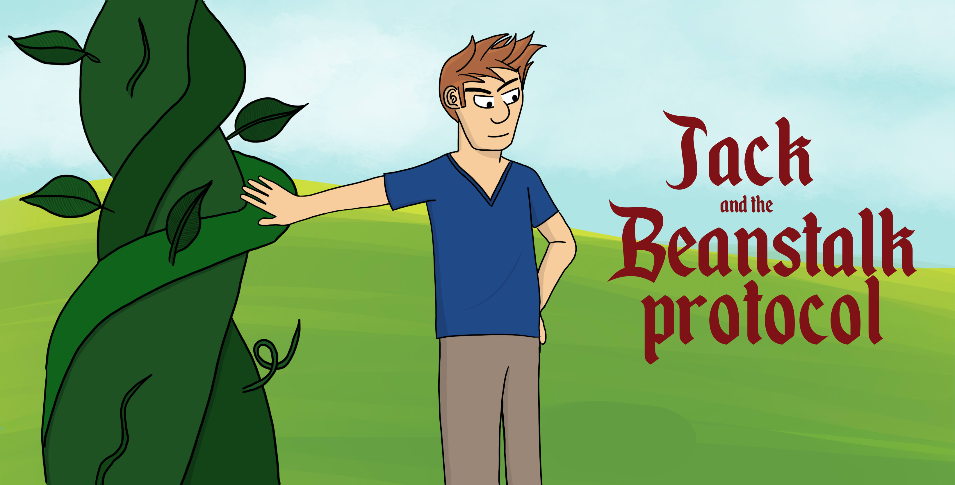 A guy standing next to a beanstalk