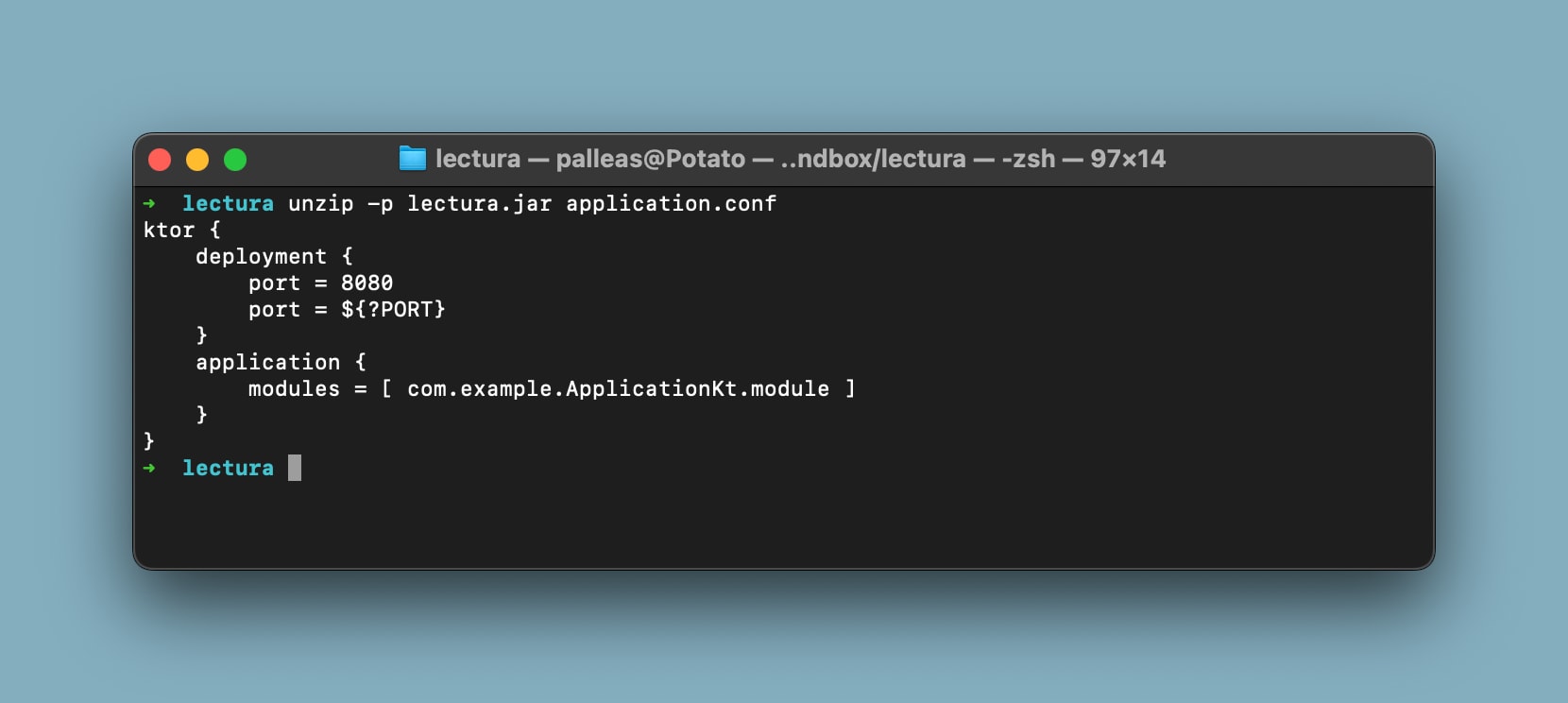Showing the content of the bundled application.conf file using unzip 