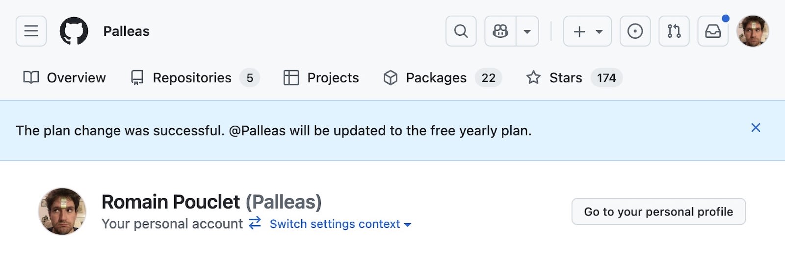 a screenshot of the top section on GitHub, which shows Palleas' profile. There is a blue banner announcing that my account while be transitioned to the free yearly plan