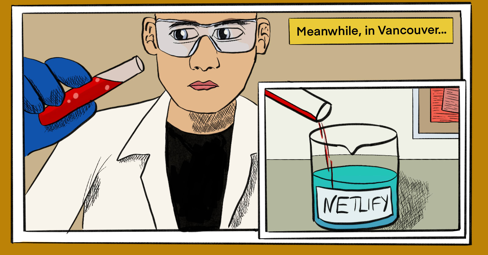 A scientist pouring a red liquid (looking like the Jekyll logo) into a green one (with a label that says Netlify).