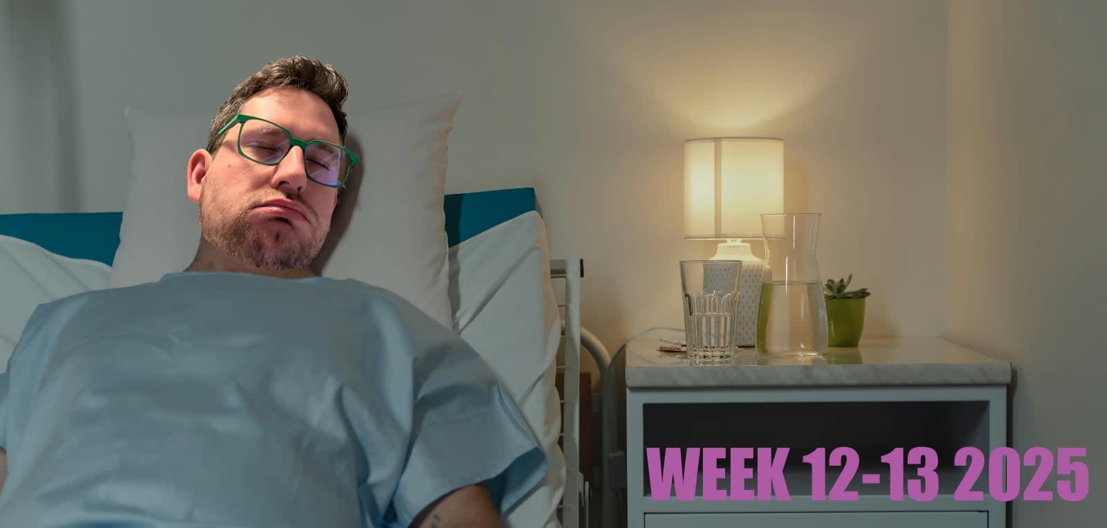 A man sick in a hospital bed with my face obviously photoshopped on top of it. I'm wearing green glasses and could use a shave.