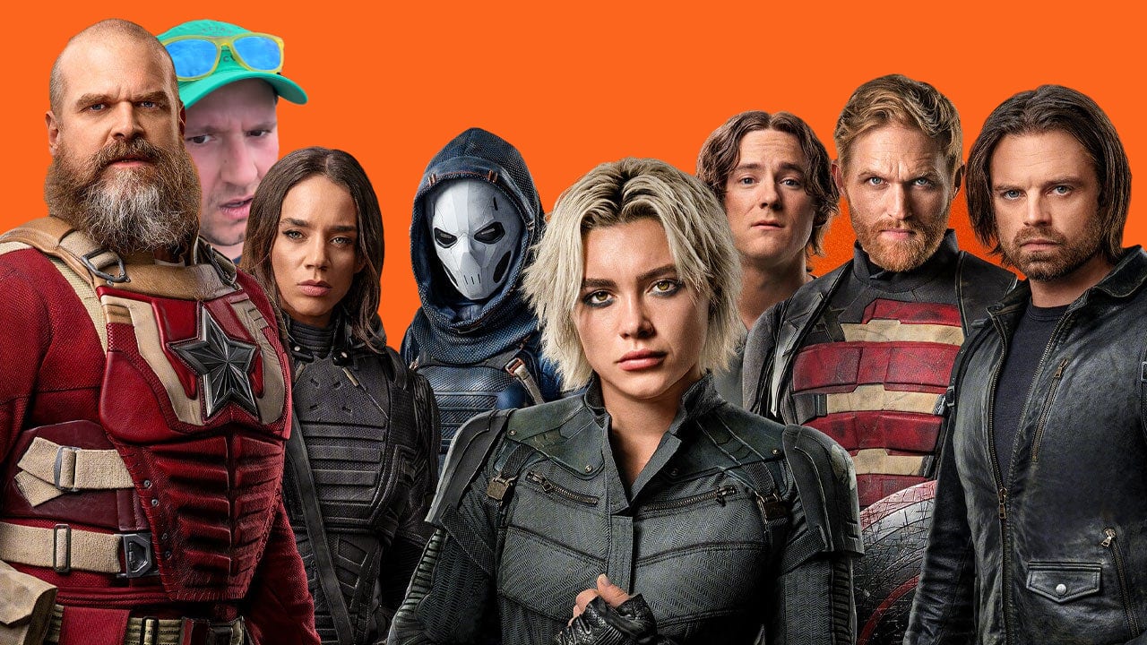 A group of superhero from the movie thunderbolt. I'm in the background wearing a green cap