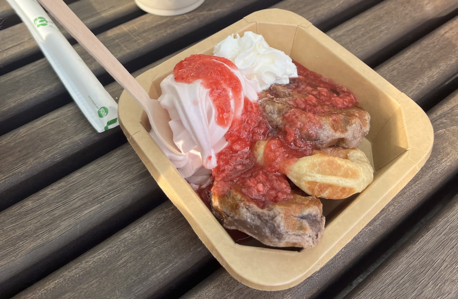 Waffles filled with mochi dough and topped with sakura ice cream 