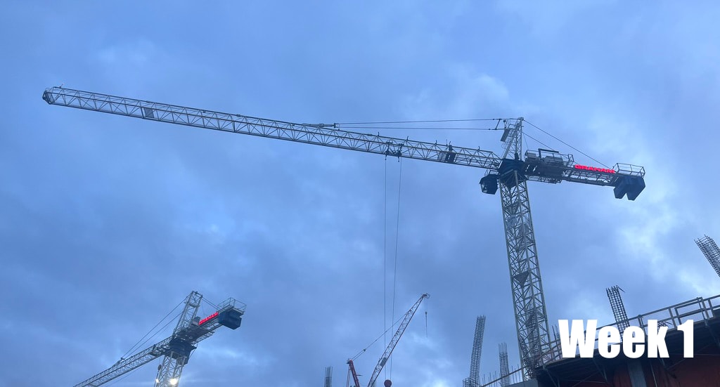 A construction crane with the sky in the background, it's almost night.