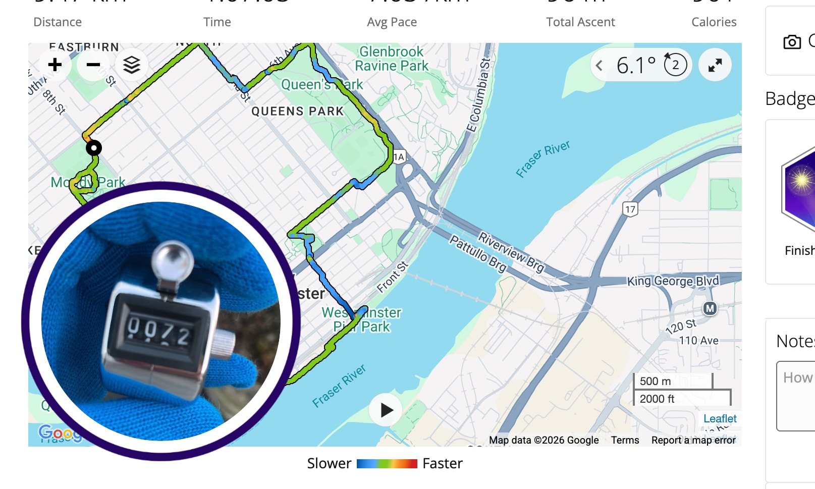 A screenshot of a run on Garmin Connect, the full path is hidden. On top of it is a counter with the number 72