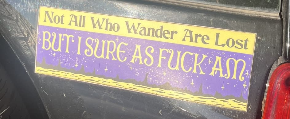 A sticker on a car that says 'not all those who wander are lost but I sure as fuck am'.