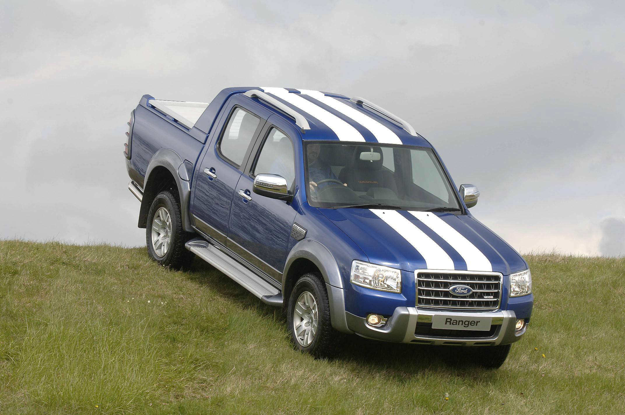 image of a blue and white for ranger car on a hill