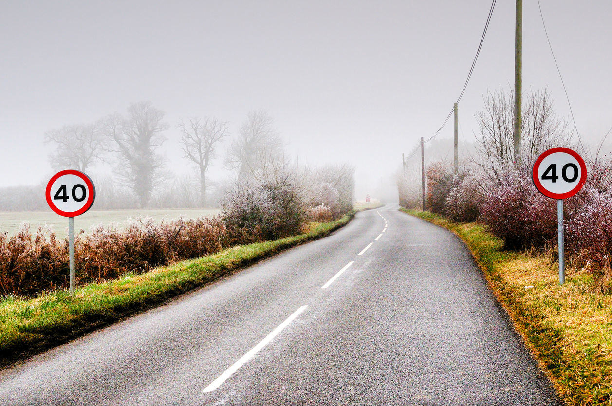 image of a road with 40mph speed limit signs