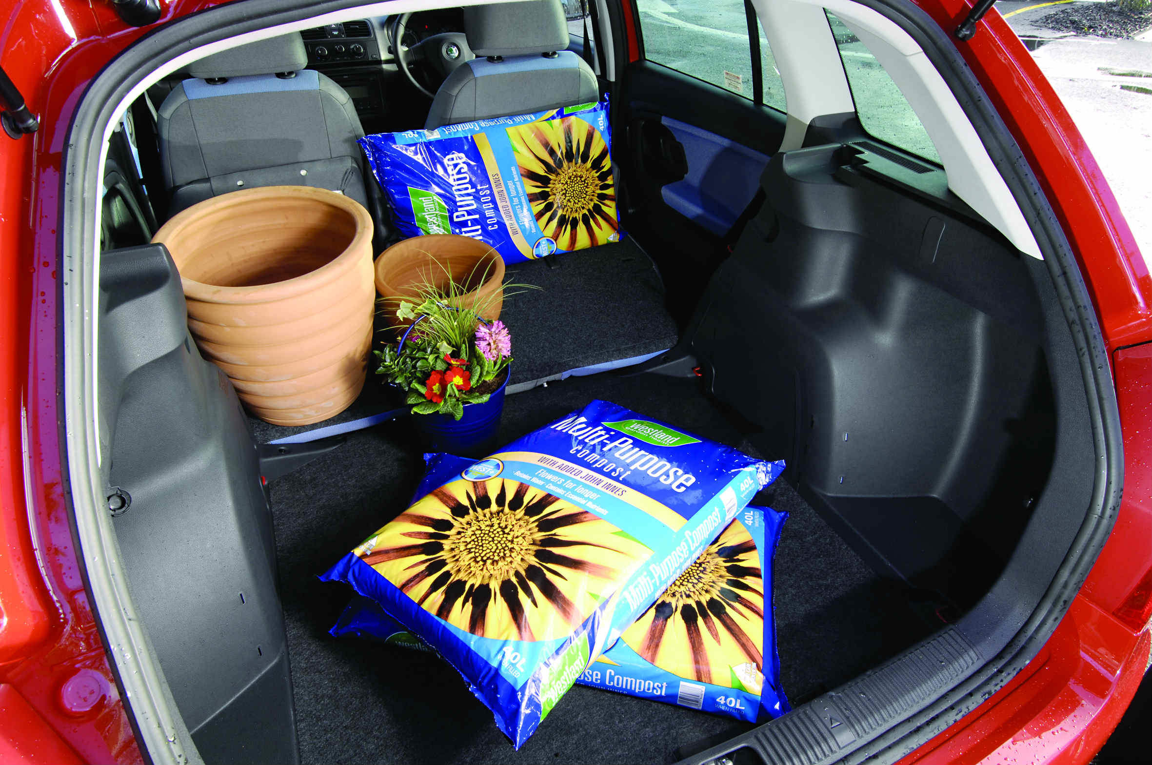 image of plants and garden pots inside the boot of a skoda fabia