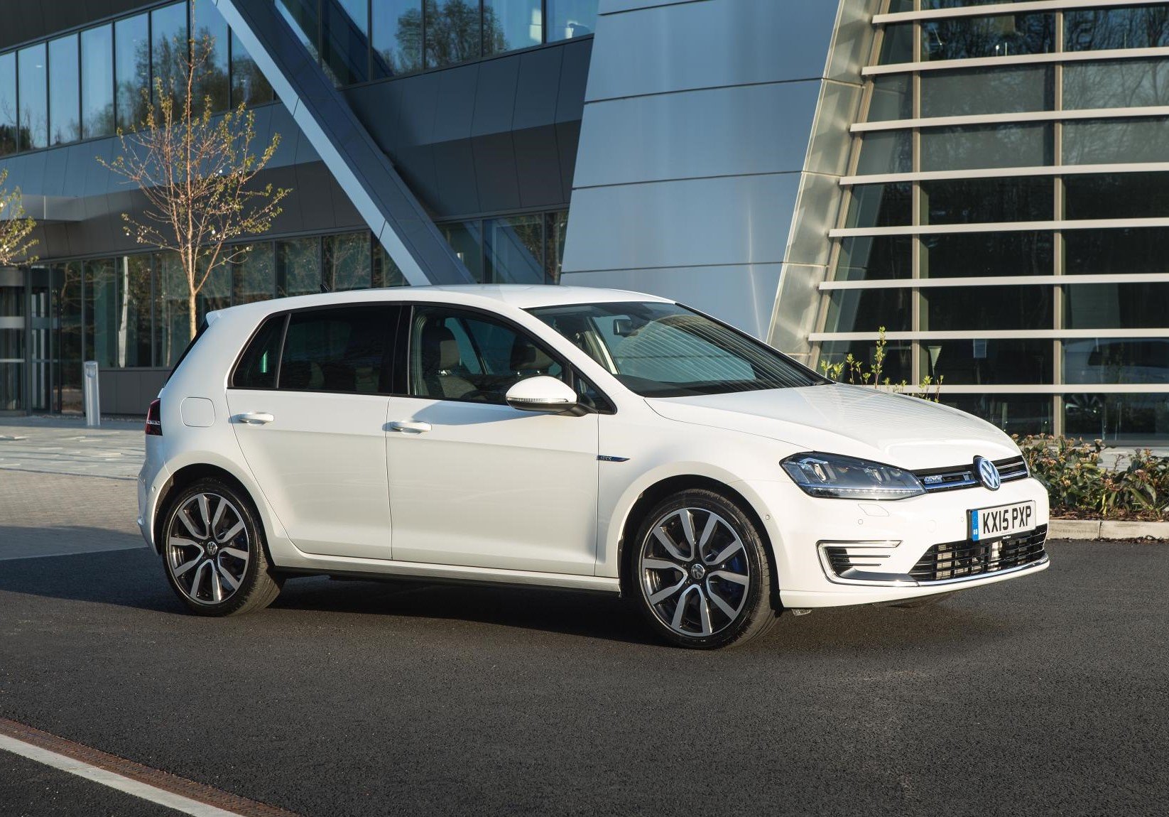 image of a white electric volkswagen golf gte car exterior