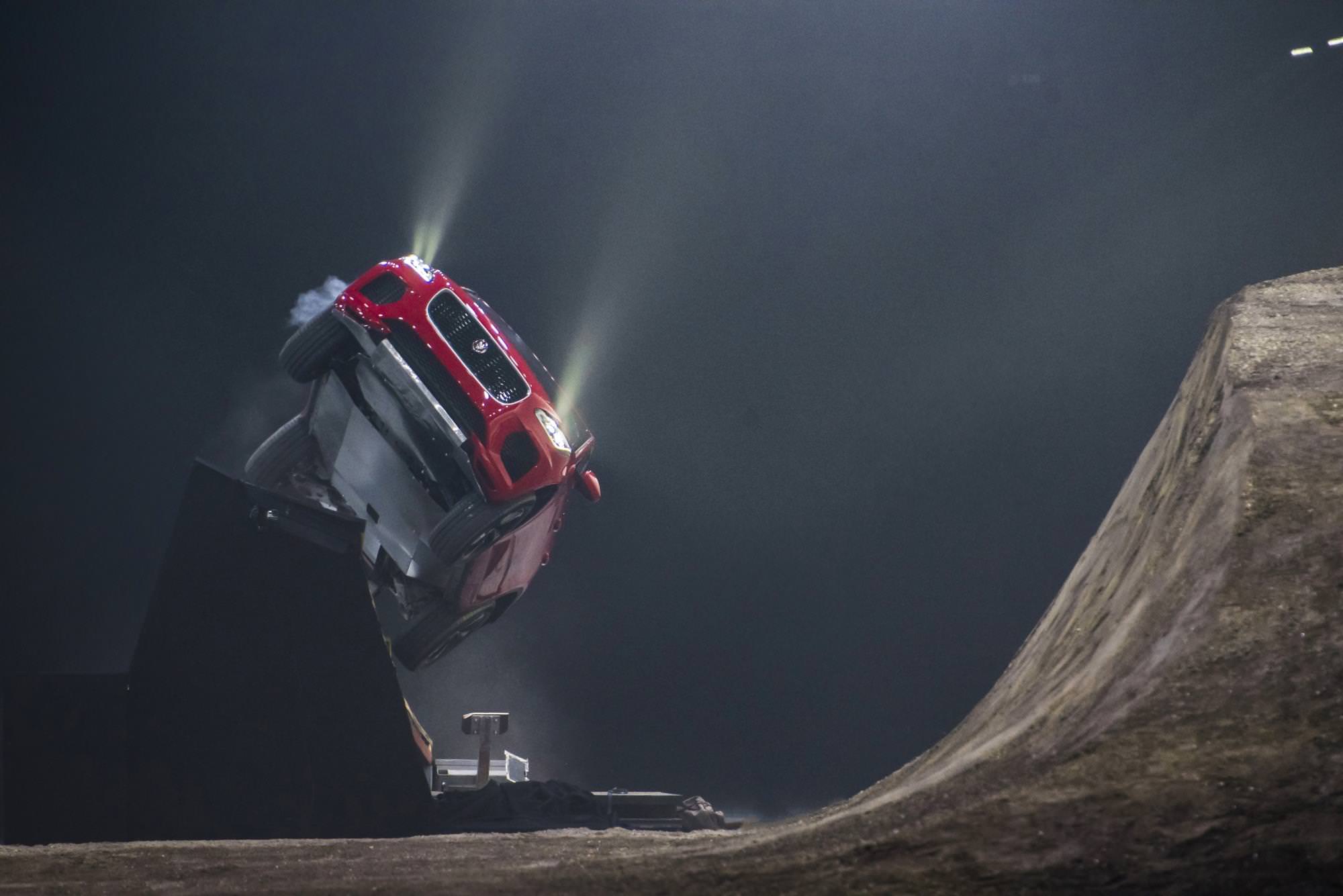 image of a jaguar e pace car stunt