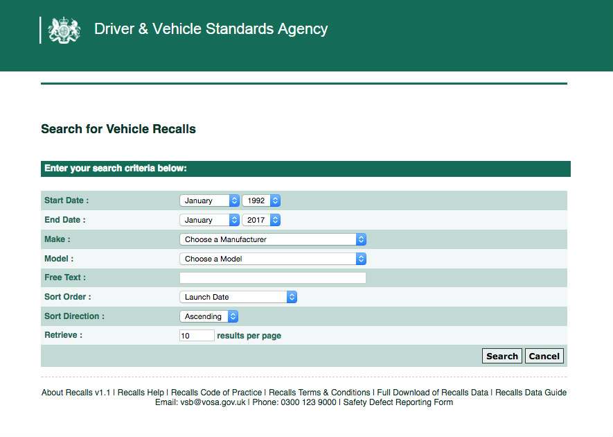 image of the dvsa website for checking vehicle recalls