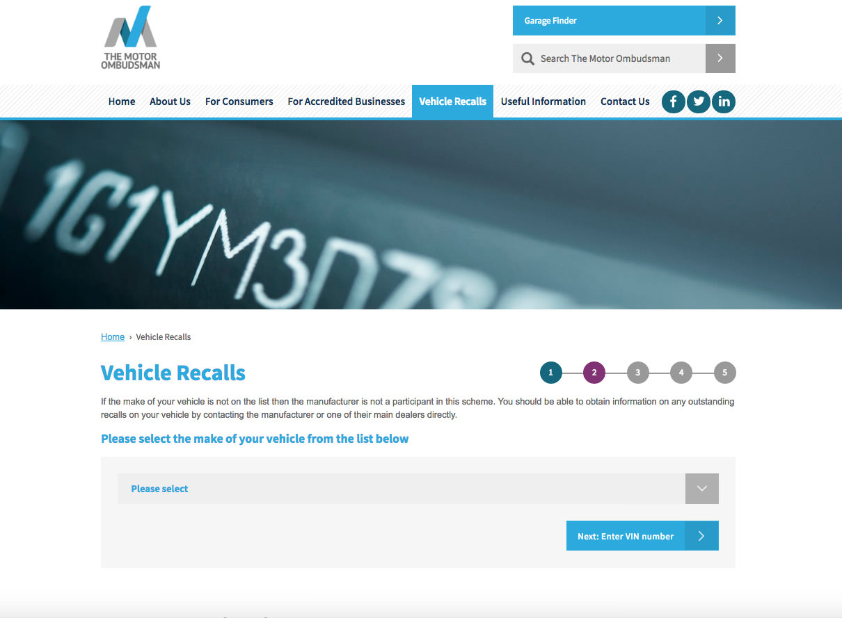 image of the motor ombudsman website for checking vehicle recalls