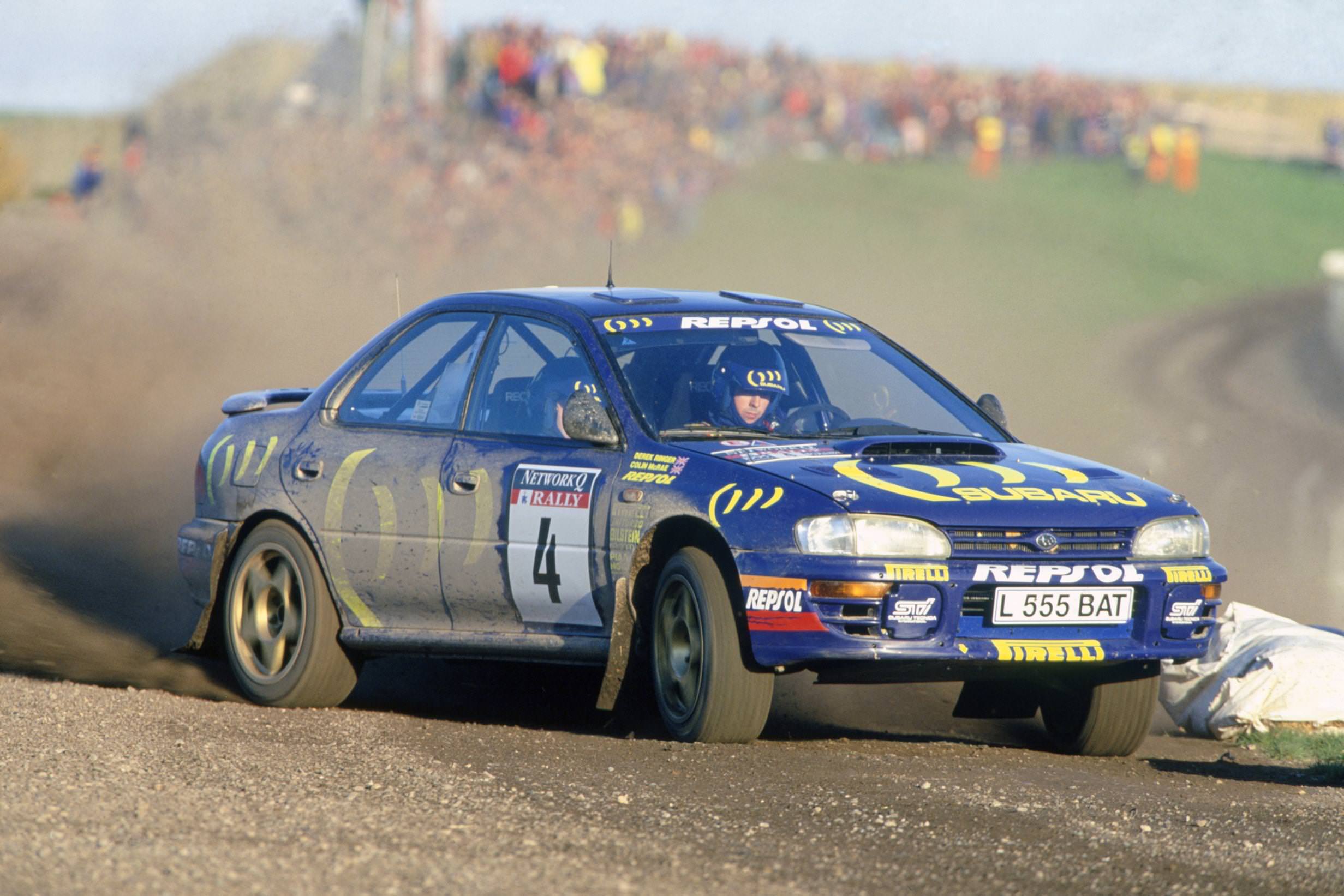 /Colin McRae sideways in Subaru Impreza 1995 Rally GB