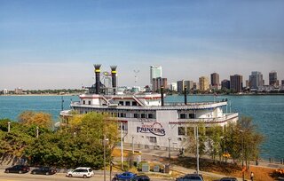 paddle steamer docked in detroit 