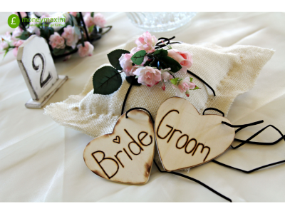 wooden bride and groom heart shaped signs
