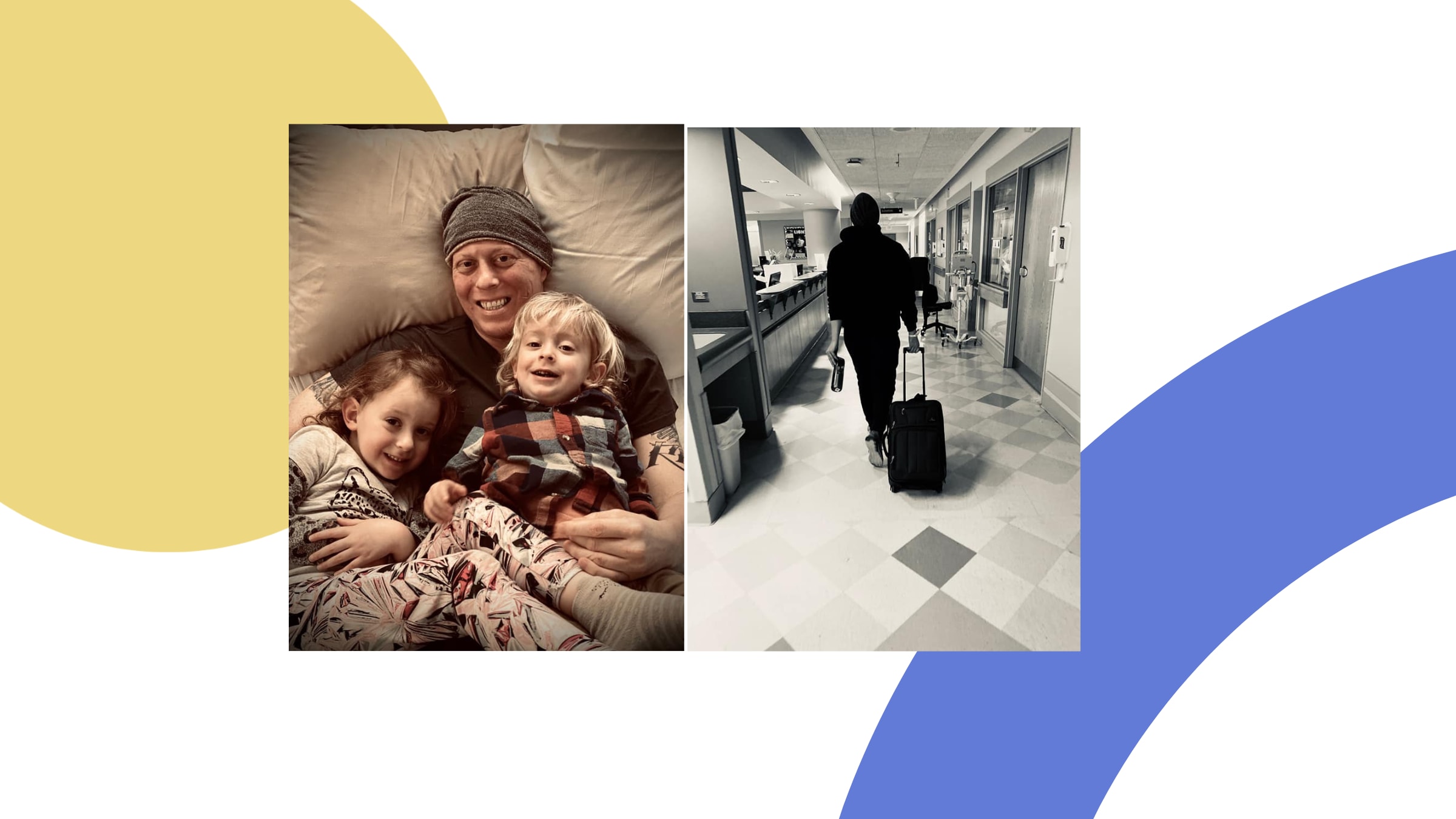 Man embraces his two children in one photo, and is shown leaving the hospital in another.