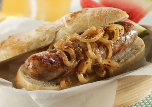 Grilled Bratwurst with Onion in Beer and Mustard