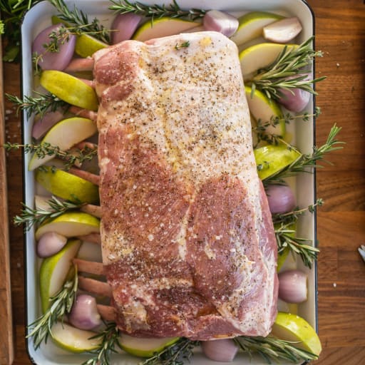 French Pork Rack Roast w/ Roasted Pears & Shallots