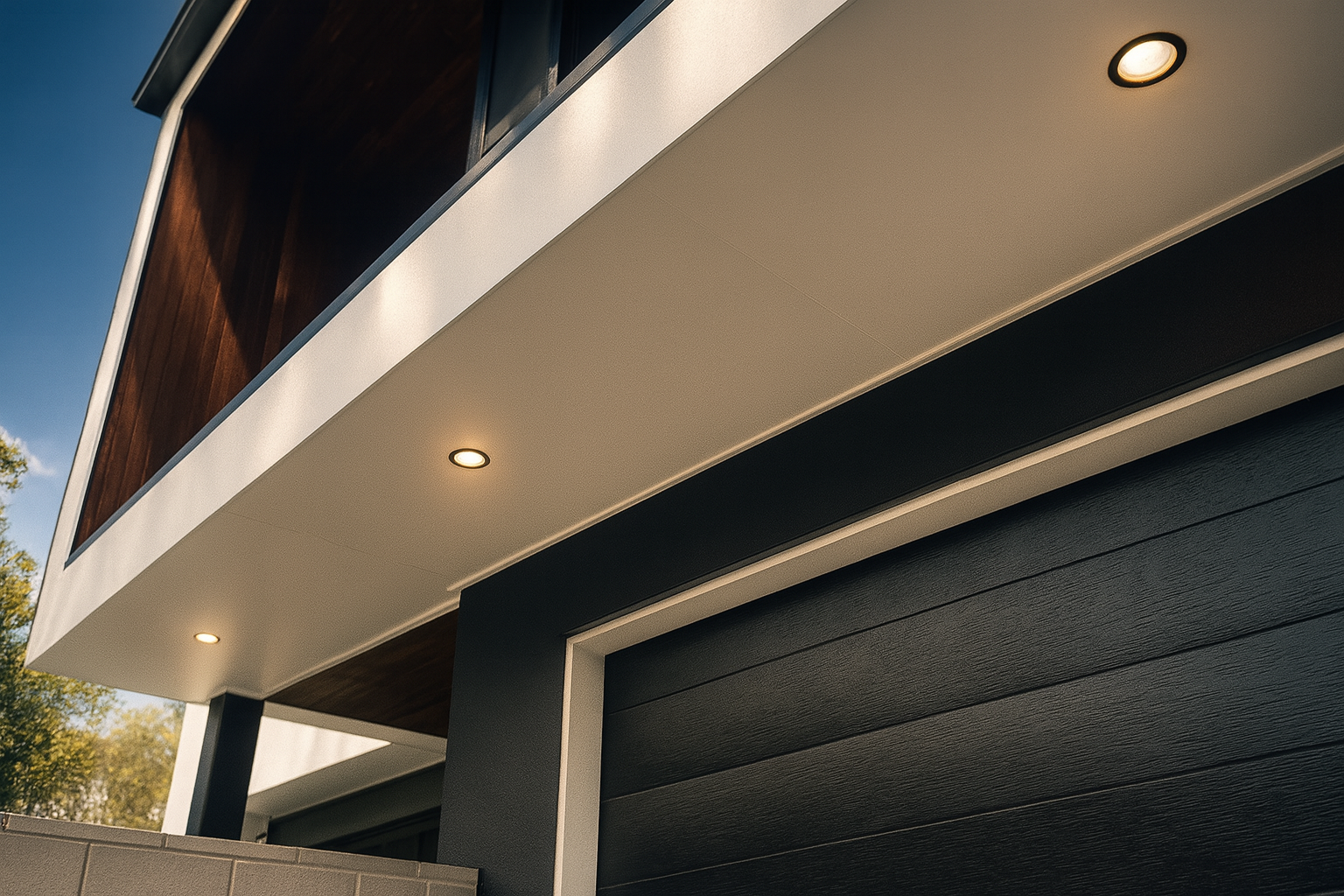 Exclusive Electrical & Air installation of modern exterior downlights above a garage, enhancing both safety and architectural appeal with clean, energy-efficient lighting.