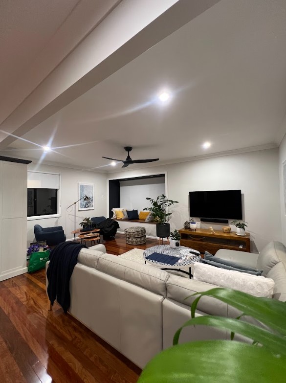 Exclusive Electrical & Air completed a professional LED downlight installation in a modern living room, delivering bright, energy-efficient lighting with a stylish finish.