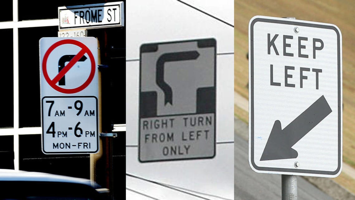 From left: No right turn, Right hook-turn, Keep left sign.