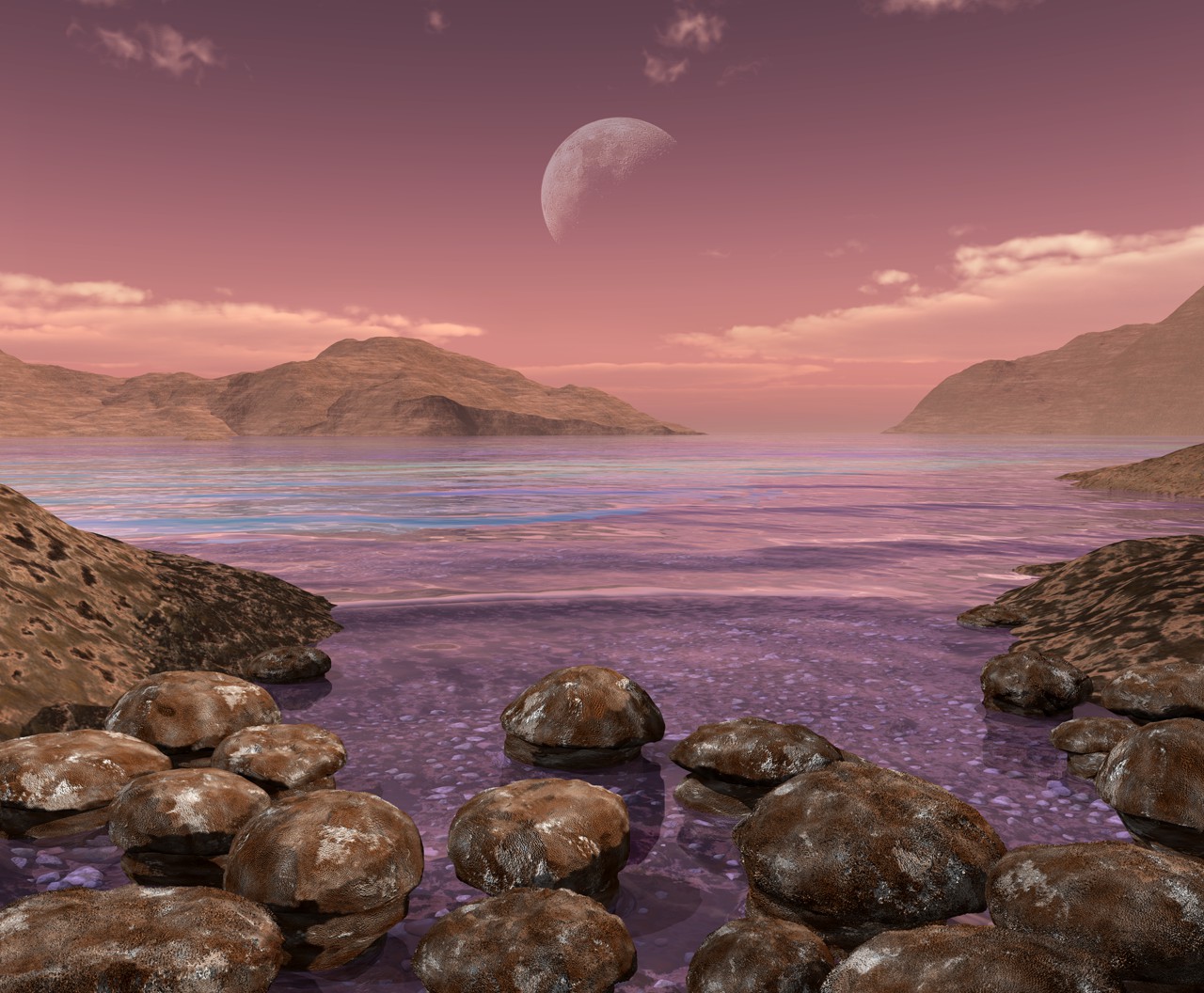 Artist's reconstruction of the early Earth about 3 billion years ago, showing microbial hummocks before oxygen became abundant in the atmosphere.