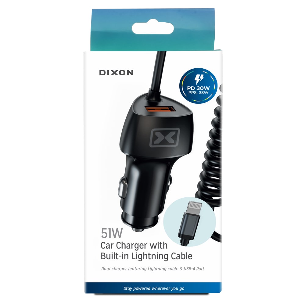 Dixon 51W Car Charger with Built-in Lightning Cable