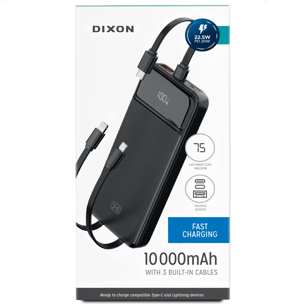 Dixon 10,000mAh Fast Charging W/Built-in Cables Power Bank