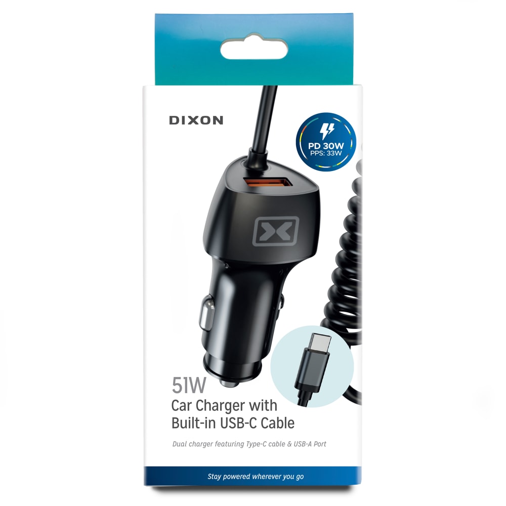 Dixon 51W Car Charger with Built-in USB-C Cable