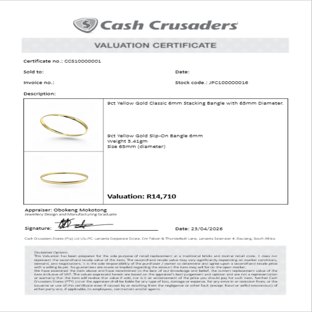 9ct Yellow Gold 6mm Slip On Bangle