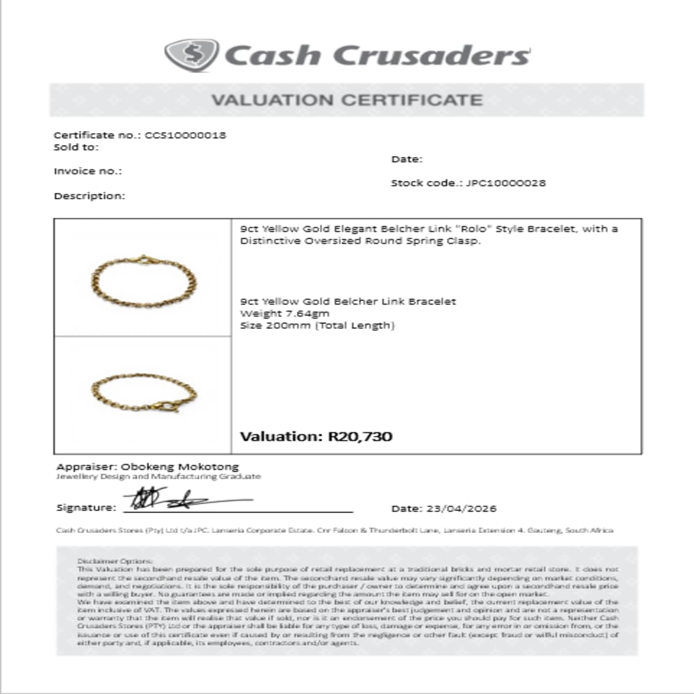9ct Yellow Gold Belcher Link Bracelet