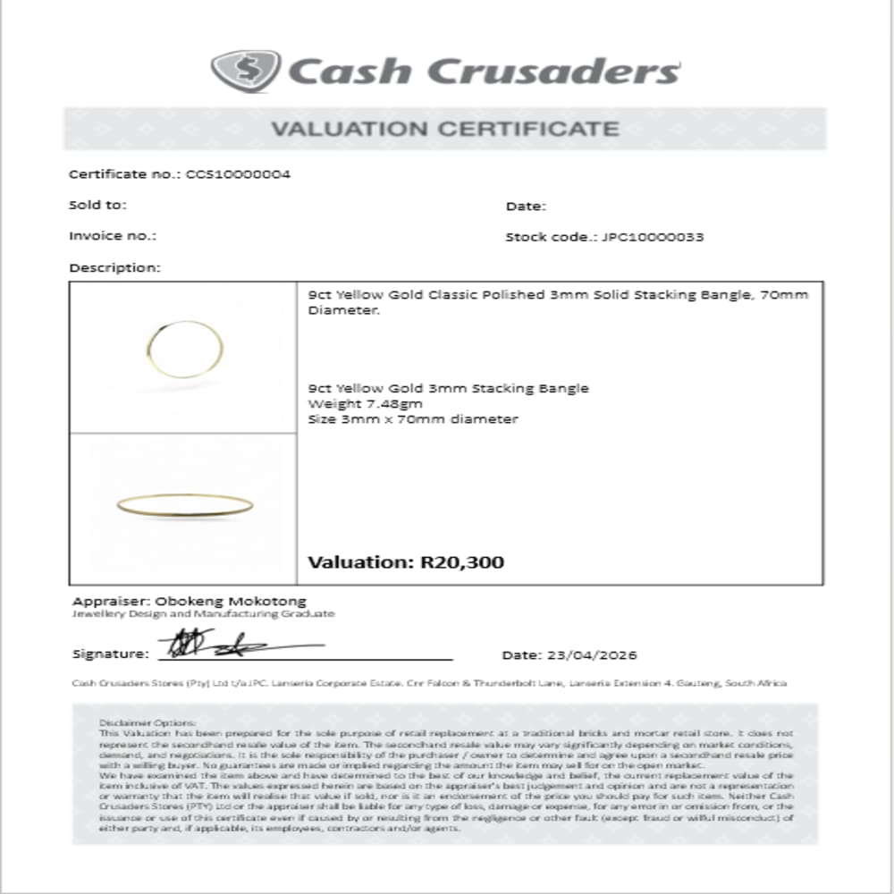 9ct Yellow Gold 3mm Solid Bangle