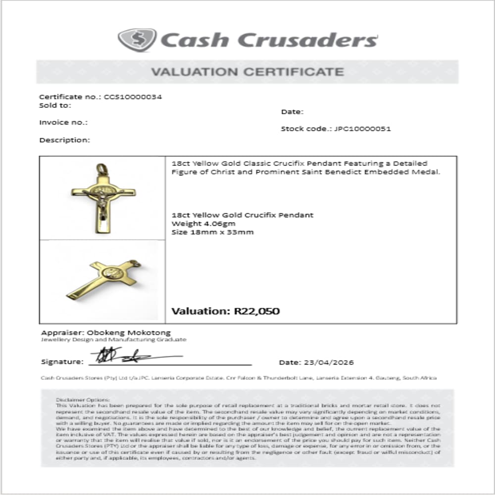 18ct Yellow Gold Crucifix Pendant