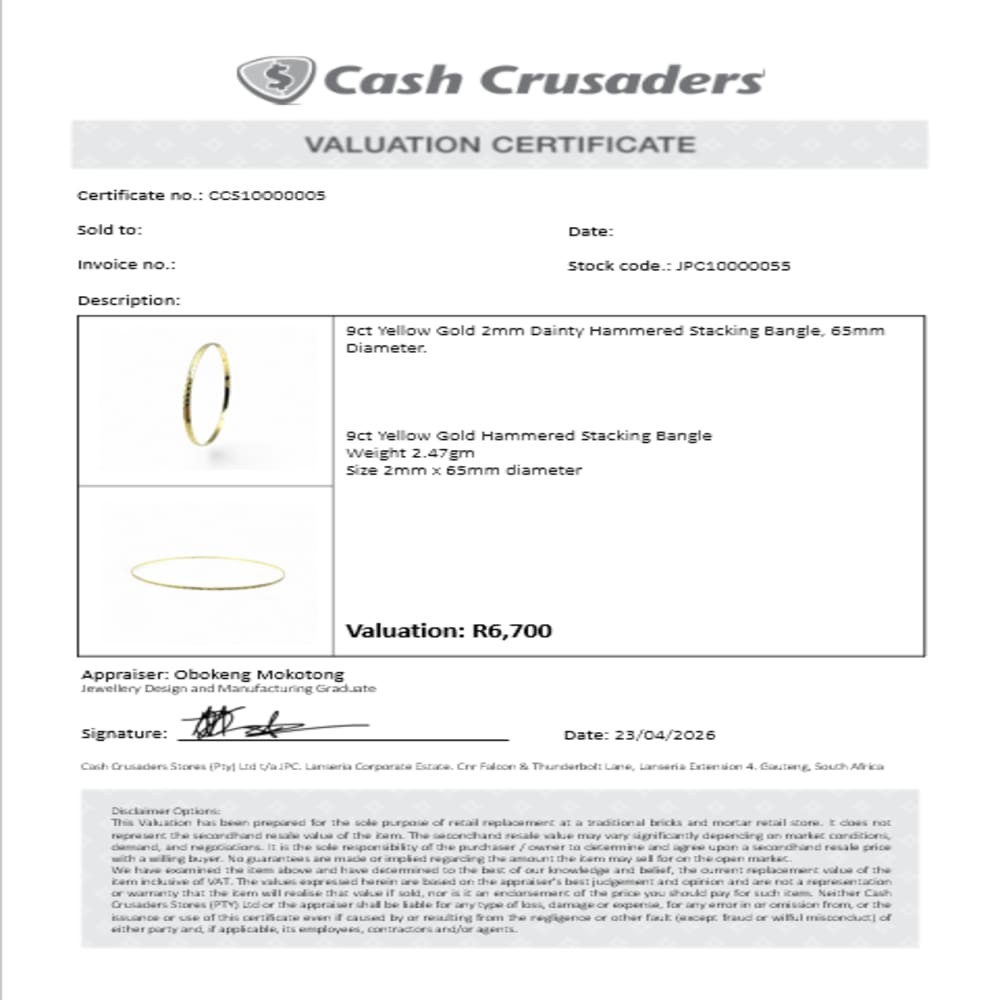 9ct Yellow Gold 2mm Hammered Bangle