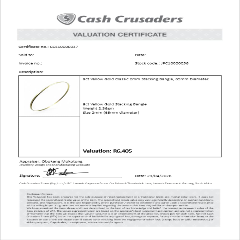 9ct Yellow Gold 2mm Slip-On Bangle