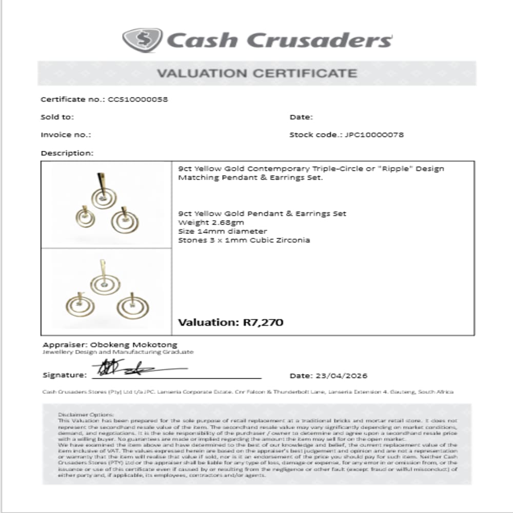9ct Yellow Gold Matching Pendant & Earrings Set