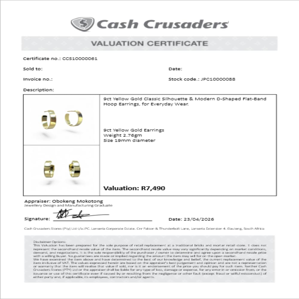 9ct Yellow Gold D-Shape Hoop Earrings