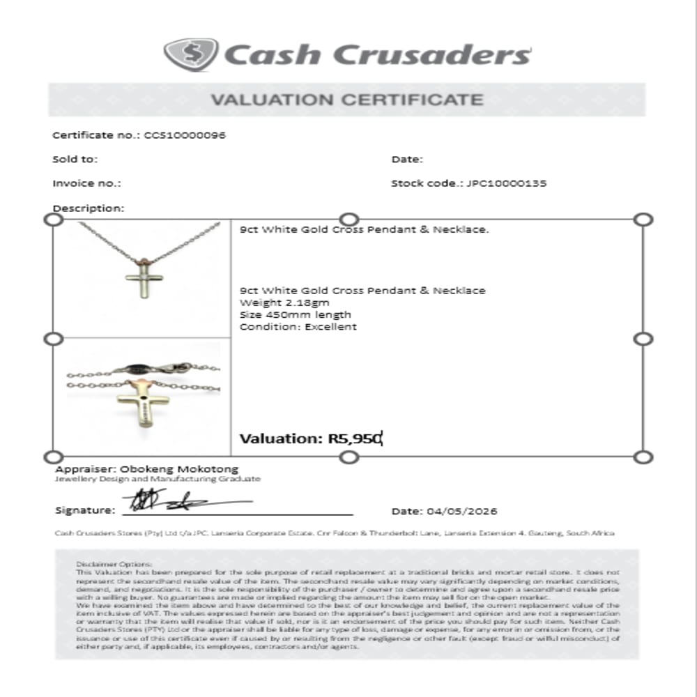 9ct White Gold Cross Pendant & Necklace
