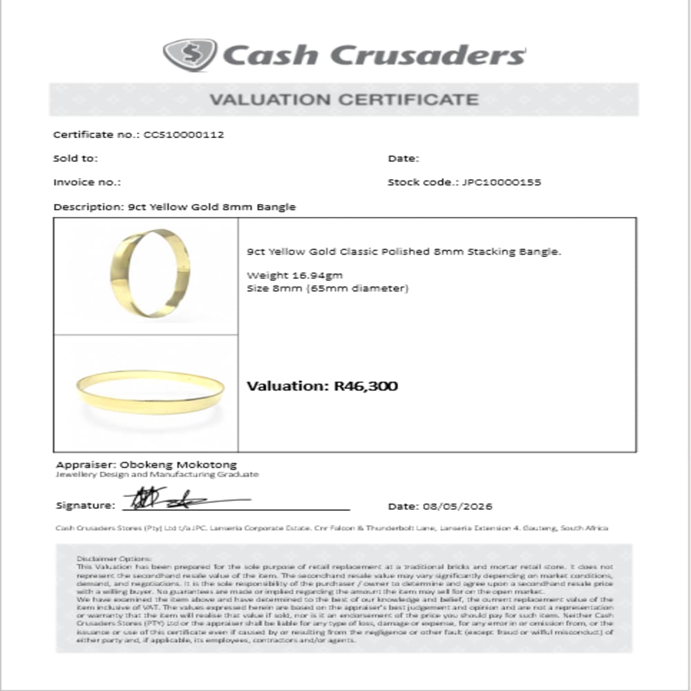 9ct Yellow Gold 8mm Solid Bangle