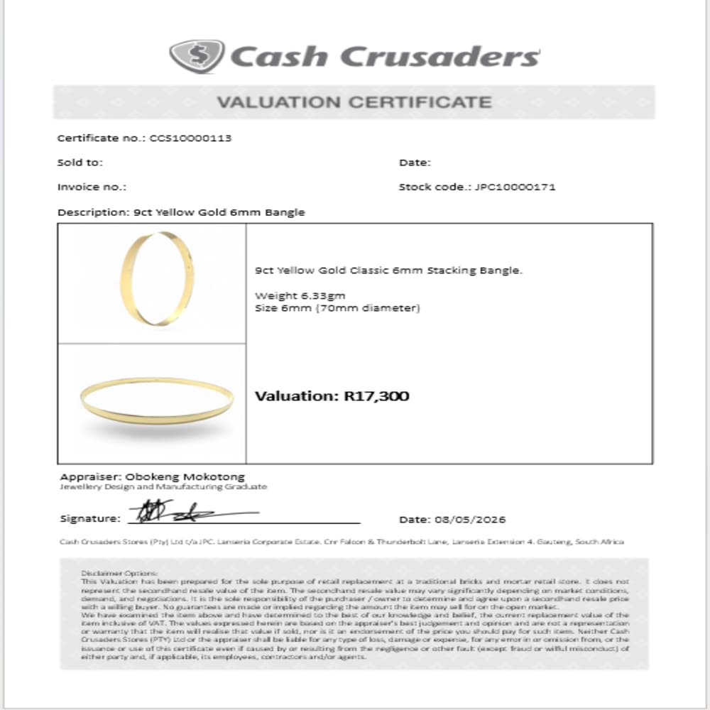 9ct Yellow Gold 6mm Slip On Bangle 