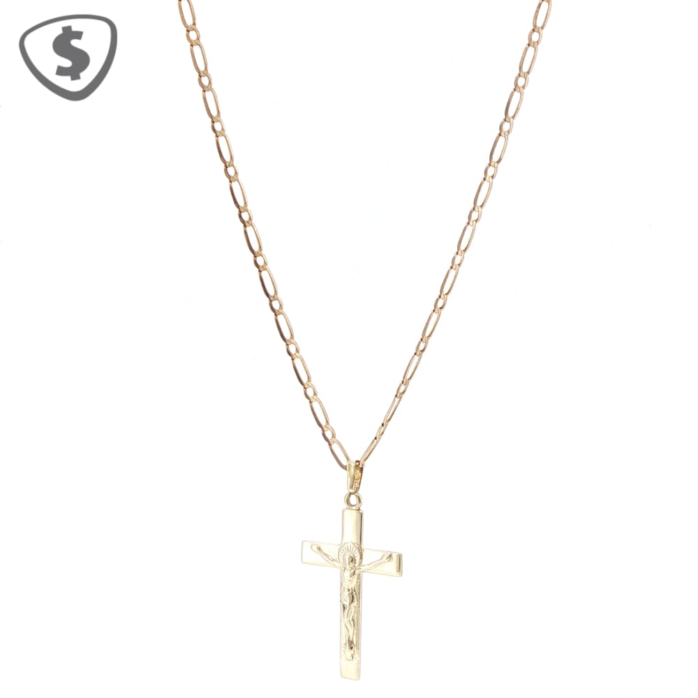9ct Yellow Gold Crucifix Pendant on Figaro Chain