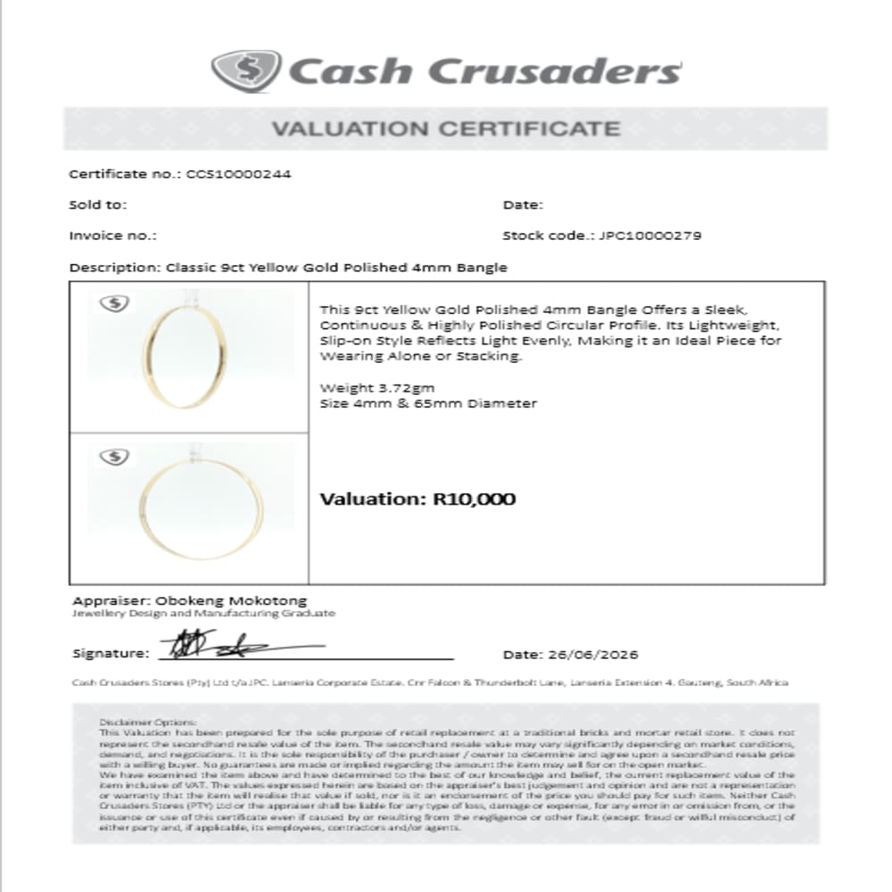 Classic 9ct Yellow Gold Polished 4mm Bangle