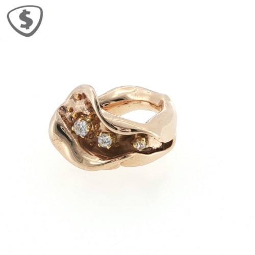 14ct Rose Gold Bespoke Ring Features an Abstract Free-Form Twisted Design, a Statement Piece. Featuring 3 x Round Cut Cubic Zirconia each 3mm / 2.5mm / 2mm in size.