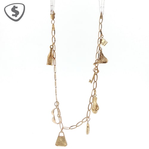9ct Yellow Gold Open Link Bracelet Featuring a Playful Collection of 8 Miniature Charms. The Assorted Pendants Each adding a Touch of Whimsy to the Classic Bracelet. A Sturdy Lobster Clasp Secures the Piece for Comfortable Daily Wear.